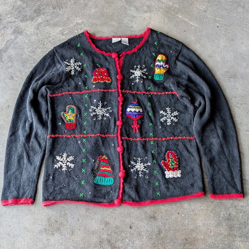 Vintage Christmas Snowflake Mitten Black Knit Holiday Winter Sweater size XL